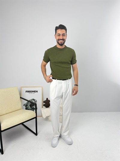 İnce Fitilli Bisiklet Yaka Triko Haki Yeşil