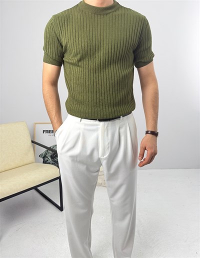 İnce Fitilli Bisiklet Yaka Triko Haki Yeşil