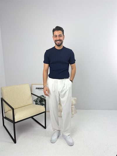 İnce Fitilli Bisiklet Yaka Triko Lacivert