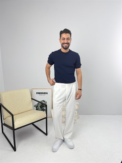 İnce Fitilli Bisiklet Yaka Triko Lacivert