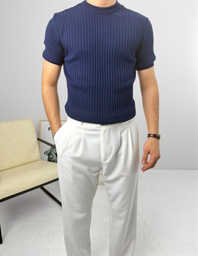 İnce Fitilli Bisiklet Yaka Triko Lacivert