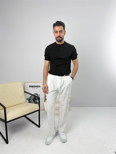 İnce Fitilli Bisiklet Yaka Triko Siyah