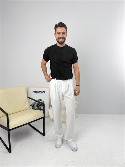 İnce Fitilli Bisiklet Yaka Triko Siyah