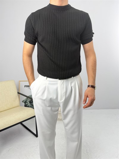 İnce Fitilli Bisiklet Yaka Triko Siyah