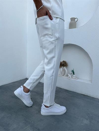 İnce Fitilli Şardonlu Ottoman Takım Beyaz