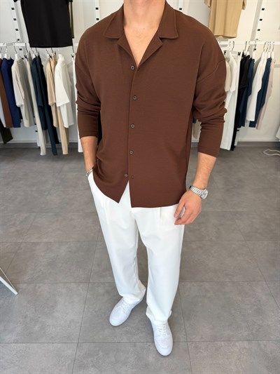 İthal Krep Oversize Gömlek Acı Kahve