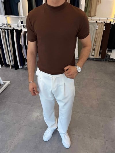 İthal Örme Krep Yarım Balıkçı Kısa Kol Premium Tişört Kahverengi