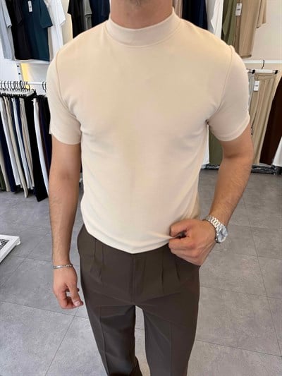 İthal Örme Krep Yarım Balıkçı Kısa Kol Premium Tişört Bej