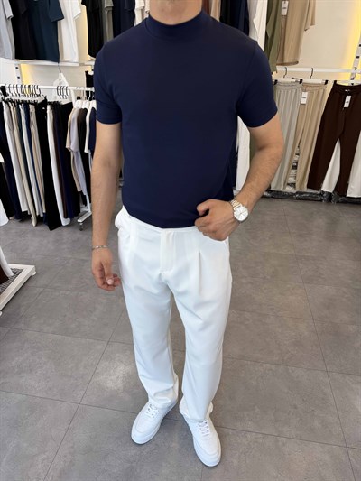 İthal Örme Krep Yarım Balıkçı Kısa Kol Premium Tişört Lacivert