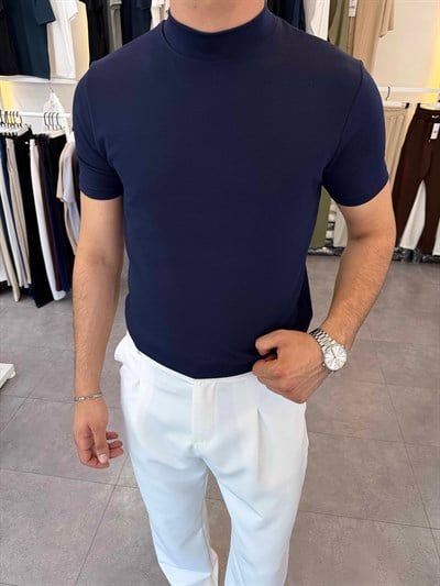 İthal Örme Krep Yarım Balıkçı Kısa Kol Premium Tişört Lacivert