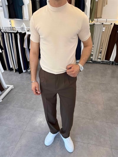 İthal Örme Krep Yarım Balıkçı Kısa Kol Premium Tişört Bej