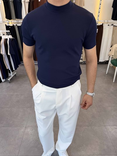 İthal Örme Krep Yarım Balıkçı Kısa Kol Premium Tişört Lacivert