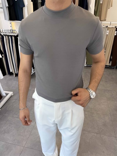 İthal Örme Krep Yarım Balıkçı Kısa Kol Premium Tişört Antrasit