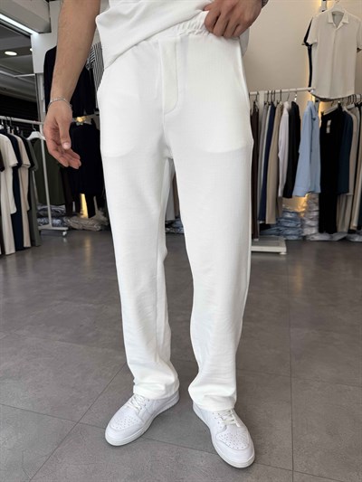 İthal Örme Likralı Baggy Pantolon Beyaz