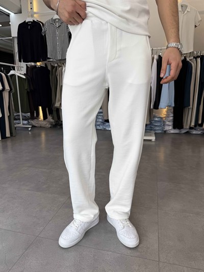 İthal Örme Likralı Baggy Pantolon Beyaz