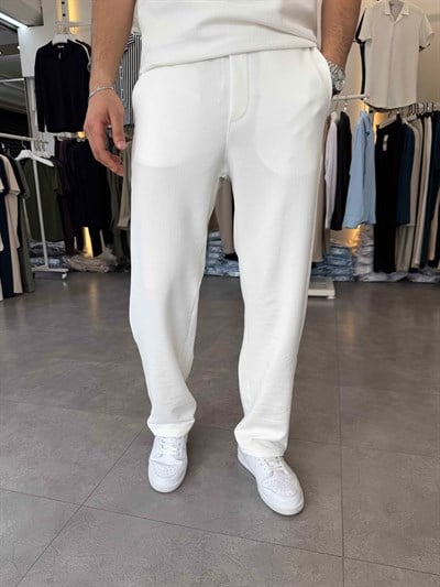 İthal Örme Likralı Baggy Pantolon Beyaz