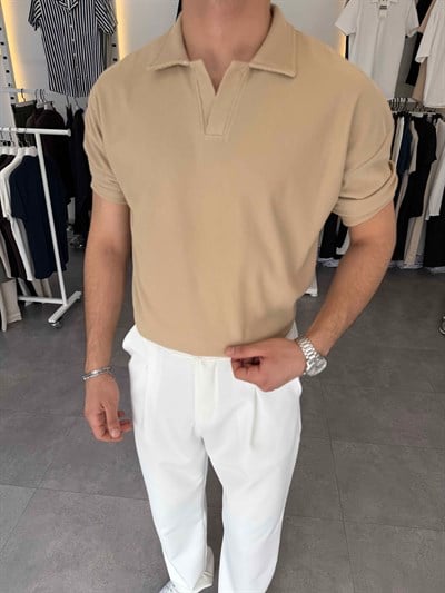 İthal Ottoman Apaç Yaka Tişört Bej