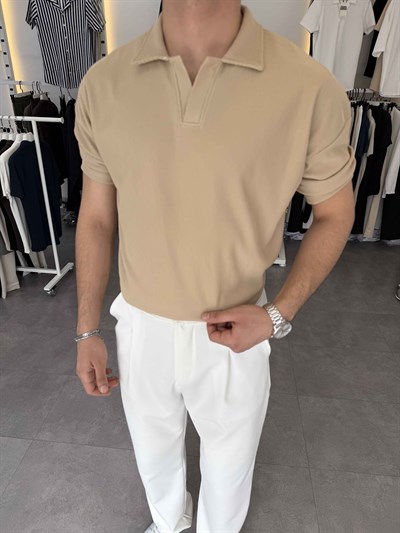 İthal Ottoman Apaç Yaka Tişört Bej