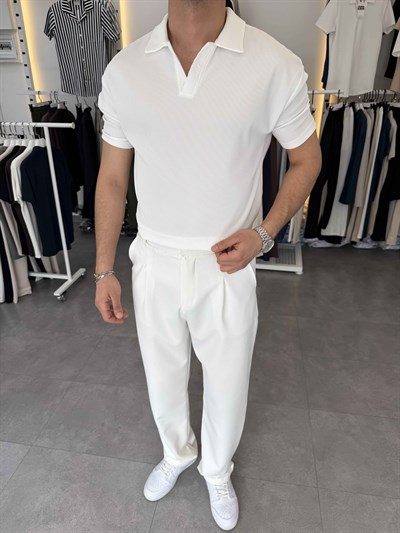 İthal Ottoman Apaç Yaka Tişört Beyaz