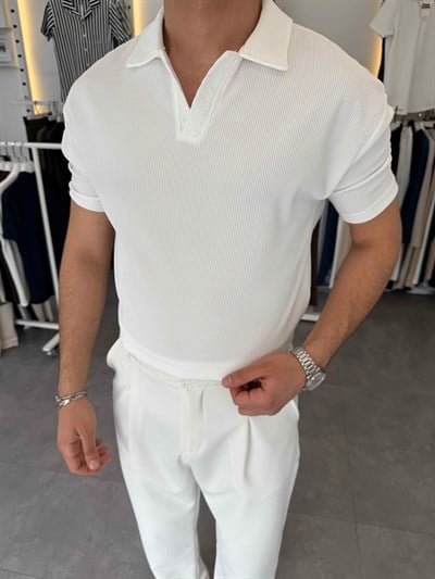 İthal Ottoman Apaç Yaka Tişört Beyaz