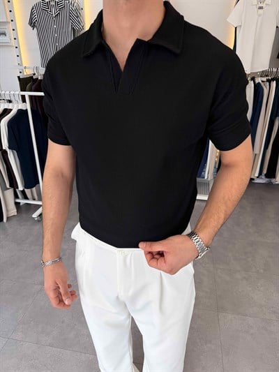 İthal Ottoman Apaç Yaka Tişört Siyah