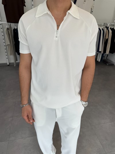 İthal Ottoman Yarım Fermuar Tişört Beyaz