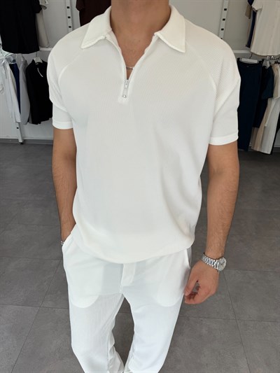 İthal Ottoman Yarım Fermuar Tişört Beyaz