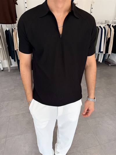 İthal Ottoman Yarım Fermuar Tişört Siyah