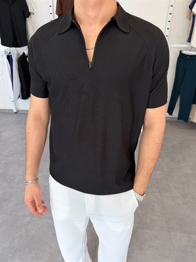 İthal Ottoman Yarım Fermuar Tişört Siyah