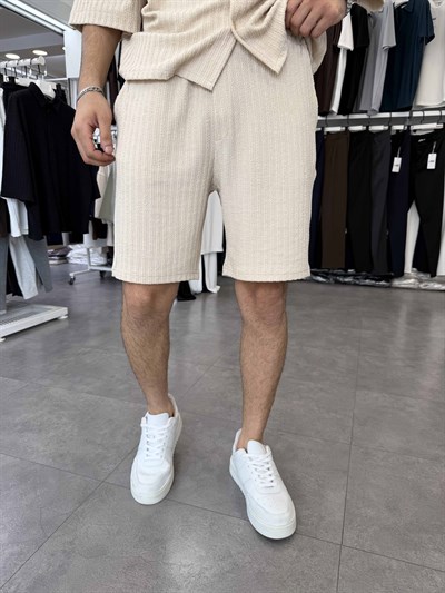 İthal Oversize Crop Kesim Şortlu Takım Bej
