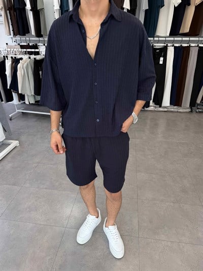 İthal Oversize Crop Kesim Şortlu Takım Lacivert