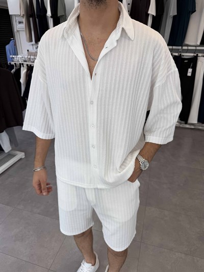 İthal Oversize Crop Kesim Şortlu Takım Beyaz