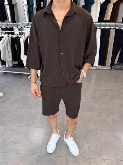 İthal Oversize Crop Kesim Şortlu Takım Kahverengi