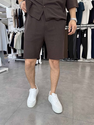 İthal Oversize Crop Kesim Şortlu Takım Kahverengi