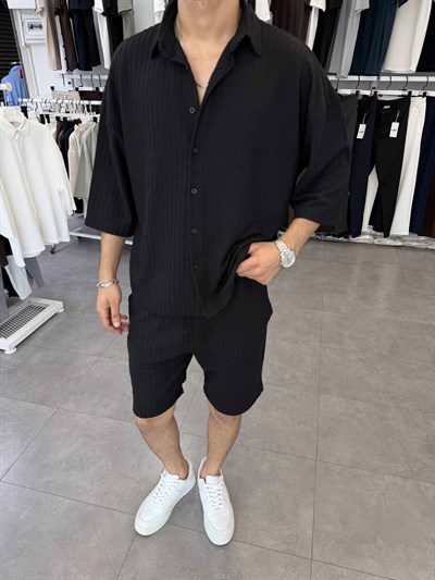 İthal Oversize Crop Kesim Şortlu Takım Siyah