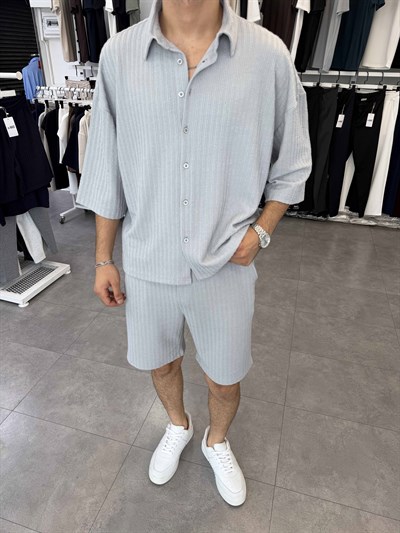 İthal Oversize Crop Kesim Şortlu Takım Gri
