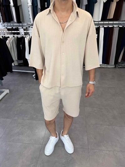 İthal Oversize Crop Kesim Şortlu Takım Bej