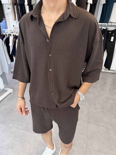 İthal Oversize Crop Kesim Şortlu Takım Kahverengi