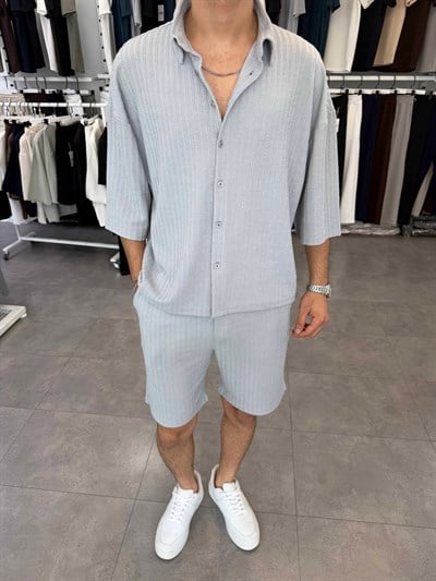 İthal Oversize Crop Kesim Şortlu Takım Gri