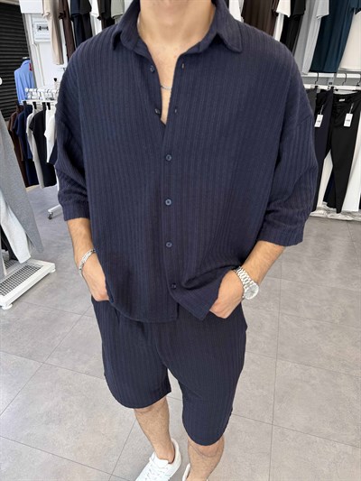 İthal Oversize Crop Kesim Şortlu Takım Lacivert