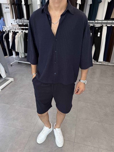 İthal Oversize Crop Kesim Şortlu Takım Lacivert