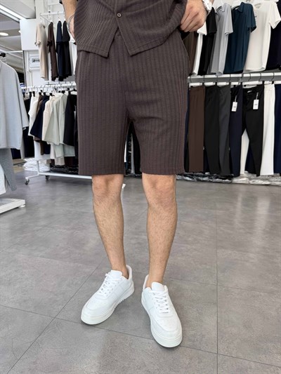 İthal Oversize Crop Kesim Şortlu Takım Kahverengi