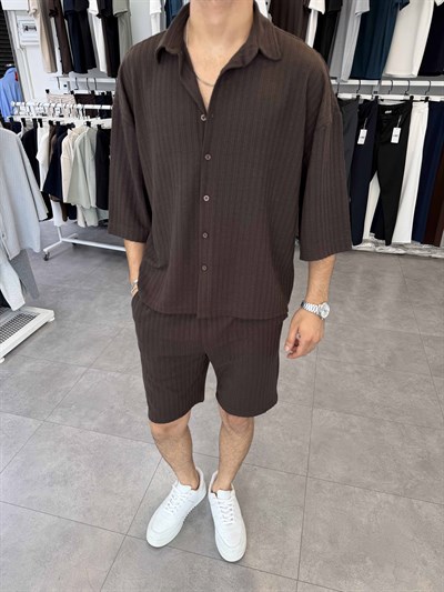 İthal Oversize Crop Kesim Şortlu Takım Kahverengi
