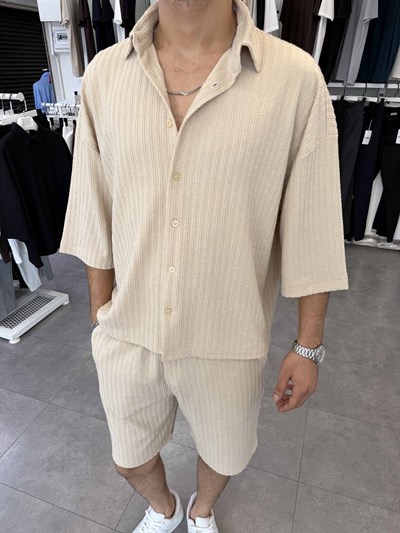 İthal Oversize Crop Kesim Şortlu Takım Bej