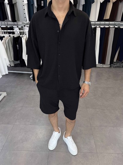 İthal Oversize Crop Kesim Şortlu Takım Siyah