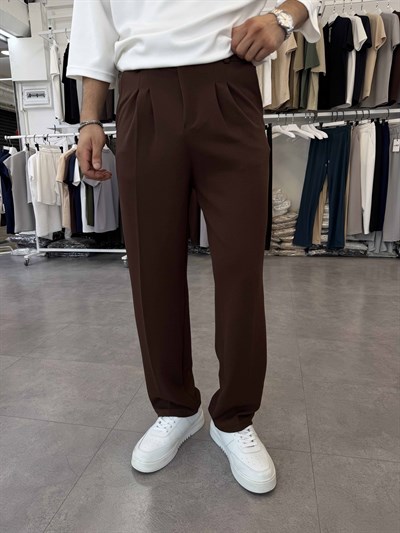 İthal Pileli Krep Baggy Pantolon Acı Kahve