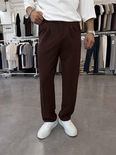 İthal Pileli Krep Baggy Pantolon Acı Kahve