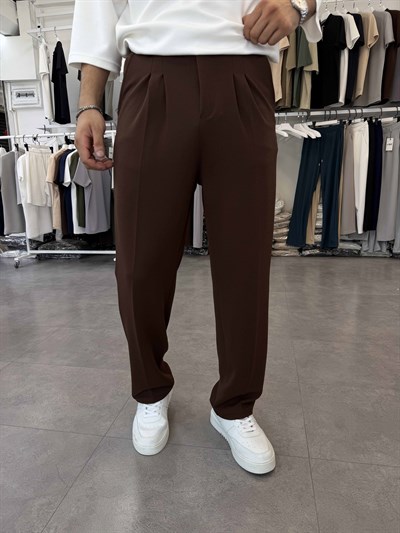 İthal Pileli Krep Baggy Pantolon Acı Kahve