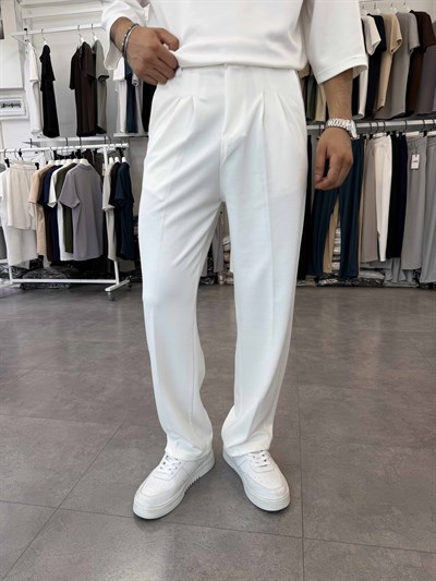 İthal Pileli Krep Baggy Pantolon Beyaz