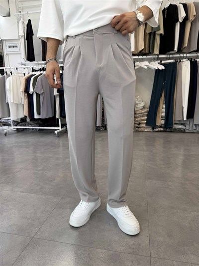İthal Pileli Krep Baggy Pantolon Gri